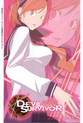  absurdres breasts devil_survivor female head_scarf highres large_breasts necktie official_art photoshop_(medium) pleated_skirt red_eyes red_hair sailor scan short_hair skirt solo staring yasuda_suzuhito yuzu_tanigawa zoom_layer 