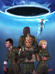  2girls 3boys black_hair blonde_hair blue_eyes commander_gore commentary_request demonica gun jimenez kotaro_(kotaillust) mask military military_uniform multiple_boys multiple_girls photoshop_(medium) pixie_(megami_tensei) shin_megami_tensei shin_megami_tensei:_strange_journey tadano_hitonari uniform weapon zelenin 