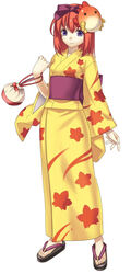  :3 alternate_costume back bag blue_eyes bow cross_edge feet female full_body hair_ornament hairbow hirano_katsuyuki japanese_clothes kimono meu_(spectral_souls) obi official_art orange_hair sandals sash short_hair simple_background smile solo spectral_(series) spectral_souls standing yellow_kimono yukata 