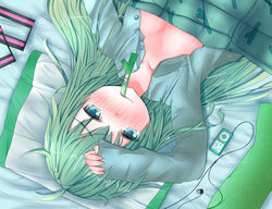  aqua_eyes bad_id bad_pixiv_id blush body_blush breasts cleavage digital_media_player earbuds earphones earphones_removed female green_hair hatsune_miku ipod ipod_nano long_hair lying open_clothes open_shirt pajamas shimeno_puni shirt sick small_breasts solo spring_onion thermometer unbuttoned under_covers upside-down vocaloid 