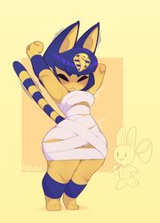  2022 animal_crossing ankha_(animal_crossing) anthro breasts closed_eyes clothing egyptian egyptian_clothing felid feline female hands_behind_head hi_res huffslove lagomorph leporid mammal nintendo rabbit short_stack stretching 