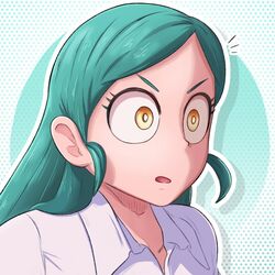  ^^^ bad_id bad_twitter_id boku_no_hero_academia bright_pupils collarbone commentary dress_shirt english_commentary eyelashes female greatm8 green_background green_hair halftone halftone_background long_hair outline parted_lips photoshop_(medium) portrait ragdoll_(boku_no_hero_academia) shirt simple_background solo source_filmmaker_(medium) surprised swept_bangs v-shaped_eyebrows white_background white_outline white_pupils white_shirt wing_collar yellow_eyes 