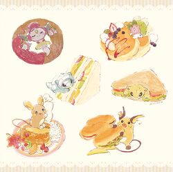  :o :q alolan_raichu alolan_sandshrew banana banana_slice blueberry closed_eyes closed_mouth cream dessert doughnut eating flower food fruit fruit_sandwich holding hoopa hoopa_(confined) hot_dog in_food kiwi_(fruit) kiwi_slice lace_background lettuce no_humans open_mouth orange_(fruit) orange_slice pancake pastry_bag pokemon pokemon_(creature) powdered_sugar raichu sandshrew sandwich shaymin shaymin_(land) smile souffle_pancake strawberry strawberry_syrup striped striped_background tongue tongue_out under_covers yurano_(upao) 