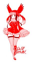  blush breasts commentary dated female flat_color full_body highres kemono_friends large_breasts long_sleeves looking_away monochrome parted_lips red_eyes red_hair red_theme scarlet_ibis_(kemono_friends) skirt solo thighhighs yoshida_hideyuki 