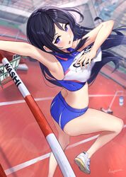  absurdres arm_up armpits black_hair bleachers blue_buruma blue_sports_bra blurry blurry_background breasts buruma female flying_sweatdrops glint hamanashi_(trapiorra) high_jump highres hurdle jumping long_hair looking_back open_mouth original purple_eyes shoes sign sneakers solo sports_bra sweat thighs track_and_field two-tone_sports_bra 