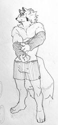  anthro boxers_(clothing) canid canine canis clawed_fingers clothing hi_res lifewonders live_a_hero male mammal monochrome pecs sadayoshi samoi_chan solo traditional_media_(artwork) underwear undressing_self wolf 