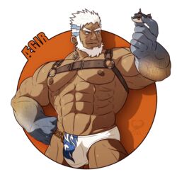  1boy abs aegir_(housamo) aegir_(swimsuit)_(housamo) anchor_earrings aqua_hair bara bare_pectorals beard blue_eyes bulge chest_harness cropped_legs dark-skinned_male dark_skin earrings english_commentary facial_hair fingernails fins giant giant_male harness jewelry large_pectorals leather leomon32 male_focus male_swimwear mature_male multicolored_hair muscular muscular_male navel nipples pectorals sharp_fingernails short_hair single_earring smile solo stomach streaked_hair swim_briefs thick_eyebrows thick_thighs thighs tokyo_afterschool_summoners wet white_hair 