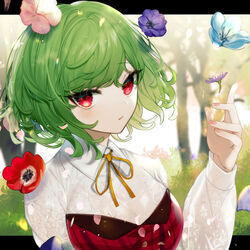  anemone_(flower) blue_flower blush breasts cleavage collared_shirt commentary daimaou_ruaeru dress embellished_costume english_commentary falling_flower female flower green_hair hand_up highres kazami_yuuka large_breasts letterboxed long_sleeves looking_at_viewer neck_ribbon outside_border petals pink_flower puffy_long_sleeves puffy_sleeves purple_flower red_dress red_eyes red_flower ribbon see-through see-through_shirt shirt short_hair solo strapless strapless_dress touhou upper_body white_shirt wing_collar yellow_ribbon 