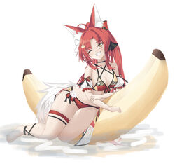  alternate_costume animal_ears azur_lane banana bikini blush breasts collarbone commentary_request female food fox_ears fruit full_body grin hair_ornament long_hair looking_at_viewer medium_breasts mumei_shumi naka_(azur_lane) naka_(foxy_summer_surfer)_(azur_lane) one_eye_closed red_hair simple_background smile solo swimsuit white_background yellow_eyes 