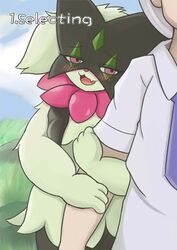  anthro bigmi_nono blush breasts clothed clothing duo felid feline female florian_(pokemon) fur generation_9_pokemon green_body green_fur human male male/female mammal meowscarada necktie nintendo pokemon pokemon_(species) purple_clothing purple_necktie school_uniform small_breasts smile uniform uva_academy 