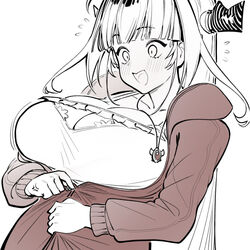  anger_vein blunt_bangs blush breasts camisole cleavage collarbone commentary dismassd dragon_girl dragon_horns female flying_sweatdrops frilled_camisole frills hololive hood hood_down hooded_track_jacket horns inconvenient_breasts jacket jewelry kiryu_coco kiryu_coco_(loungewear) large_breasts long_sleeves monochrome necklace open_mouth pointy_ears sidelocks simple_background solo sweatdrop track_jacket upper_body virtual_youtuber white_background zipper_pull_tab zipping 