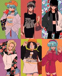  6+girls :d :o aircraft airplane alternate_costume android_18 arm_at_side arm_behind_head arm_up bag baseball_cap belt black_bag black_choker black_dress black_eyes black_headwear black_legwear black_ribbon blonde_hair blue_eyes blue_hair blunt_bangs blush boots bra_(dragon_ball) bracelet brown_bag bulma_briefs can capsule_corp casual chi-chi_(dragon_ball) choker clothes_writing collarbone commentary contemporary cowboy_shot cupcake denim denim_shorts dessert dragon_ball dragon_ball_(classic) dragon_ball_gt dragon_ball_z dress drink_can earrings english_commentary expressionless fashion floral_print food food-themed_background food_print green_background grey_sweater gummy_bear hair_bun hairband half-closed_eyes hand_in_pocket hand_up handbag hands_in_pockets hands_on_headwear hat heart heart_background highres hime_cut holding holding_can hoop_earrings jacket jeans jewelry kararai_raika letter long_hair long_sleeves looking_at_viewer looking_away loose_belt love_letter mai_(dragon_ball) medium_hair midriff multicolored_clothes multicolored_jacket multiple_girls open_clothes open_jacket open_mouth orange_headwear orange_star_high_school oversized_clothes pants pantyhose parted_lips phone pink_background pink_dress pink_footwear pink_hairband pink_legwear plaid plaid_hairband plaid_ribbon polka_dot polka_dot_background purple_background red_belt ribbon shaded_face shell shiny_clothes short_dress short_hair short_shorts shorts sidelocks signature simple_background single_hair_bun smile soda_can standing star_(symbol) straight_hair streetwear striped striped_background sweater sweets tank_top thigh_boots thighhighs twintails two-sided_fabric two-sided_jacket two-tone_jacket unicorn unmoving_pattern videl waving zettai_ryouiki zipper 