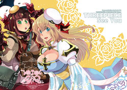  2girls archbishop_(ragnarok_online) backpack bag bangs blonde_hair blue_dress blunt_bangs blush bow breasts brown_gloves brown_hair brown_shirt brown_vest cleavage cleavage_cutout clothing_cutout comiket_93 commentary_request cover cover_page cowboy_shot crossed_bangs doujin_cover dress eyebrows_visible_through_hair gloves green_eyes hair_between_eyes hairbow hat hat_bow juliet_sleeves large_breasts long_hair long_sleeves looking_at_viewer merchant_(ragnarok_online) multiple_girls open_mouth otsuki_(tm3n) penguin_hat pink_skirt puffy_sleeves ragnarok_online red_bow sailor_hat sash shirt short_hair skirt smile two-tone_dress vest white_dress yellow_sash 