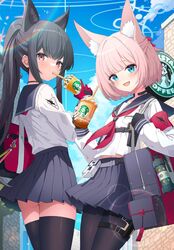  2girls :d animal_ear_fluff animal_ears armband ass_peek bag black_gloves black_hair black_pantyhose black_thighhighs blue_archive blue_eyes blue_sailor_collar blue_skirt blush chest_harness cup drinking drinking_straw fingerless_gloves flashbang fox_ears gloves halo harness highres holding holding_cup holster kokoa_of lens_flare long_sleeves looking_at_viewer midriff_peek multiple_girls navel neckerchief niko_(blue_archive) outdoors pantyhose pink_hair pleated_skirt red_bag red_eyes red_neckerchief sailor_collar school_bag school_uniform serafuku short_hair shoulder_holster skirt sky smile starbucks thigh_holster thighhighs throat_microphone yukino_(blue_archive) 