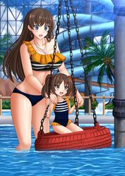  2girls alternate_costume alternate_hairstyle bikini breasts brown_hair commentary commission english_commentary fate/grand_order fate_(series) grey_eyes highres jewelry kazenokaze mata_hari_(fate) mother_and_daughter multiple_girls navel orange_nails palm_tree smile swimsuit swing tire_swing tree twintails water_slide waterpark 