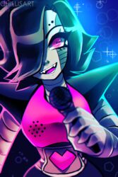  2015 2:3 black_hair electronics eyelashes grey_body grey_skin hair hi_res holding_object humanoid machine male mettaton_ex microphone pink_eyes robot solo spacecolonie undertale undertale_(series) 