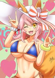  absurdres animal_ear_fluff animal_ears bikini blue_bikini blush breasts cleavage collarbone commentary double_fox_shadow_puppet ears_through_headwear fate/grand_order fate_(series) female fox_ears fox_girl fox_shadow_puppet fox_tail groin hat hat_ribbon heart highres isomanma large_breasts long_hair looking_at_viewer navel one_eye_closed open_mouth pink_hair ribbon side-tie_bikini_bottom solo sun_hat swimsuit tail tamamo_(fate) tamamo_no_mae_(swimsuit_lancer)_(fate) tamamo_no_mae_(swimsuit_lancer)_(third_ascension)_(fate) yellow_eyes 