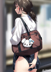  accidental_exposure ass aya_(jonsun) bag black_panties blurry blurry_background blush breasts brown_eyes brown_hair charm_(object) clothes_lift collared_shirt commentary_request cowboy_shot depth_of_field female from_behind hand_on_own_ass jonsun large_breasts medium_hair original panties pantyshot plaid plaid_skirt pleated_skirt ponytail shirt shoulder_bag skirt skirt_lift solo swimsuit swimsuit_under_clothes underwear wardrobe_malfunction white_shirt 