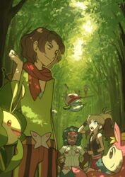  4girls 5boys ace_trainer_(pokemon) backwards_hat baseball_cap black_vest borrowed_clothes bridge brown_hair bug_catcher_(pokemon) burgh_(pokemon) clothed_pokemon commentary_request cottonee dark_skin deerling deerling_(spring) falling_leaves forest green_eyes green_shirt green_theme hands_on_own_hips hat hilda_(pokemon) holding_strap leaf leavanny lenora_(pokemon) long_hair multiple_boys multiple_girls n_(pokemon) nature noii open_mouth outdoors pants pokemon pokemon_(creature) pokemon_bw rufflet scarf school_kid_(pokemon) scientist_(pokemon) shirt sidelocks simipour smile teeth tongue tree unworn_hat unworn_headwear vest youngster_(pokemon) 