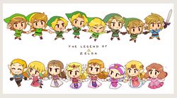  6+boys 6+girls absurdres belt blonde_hair blue_eyes blue_shirt bracelet brown_hair champion&#039;s_tunic_(zelda) chibi earrings elbow_gloves gloves gummy_(puffaluficus) hair_tubes highres holding_hands jewelry link master_sword multiple_boys multiple_girls multiple_persona open_mouth pointy_ears princess_zelda shirt smile the_legend_of_zelda the_legend_of_zelda:_a_link_between_worlds the_legend_of_zelda:_a_link_to_the_past the_legend_of_zelda:_breath_of_the_wild the_legend_of_zelda:_ocarina_of_time the_legend_of_zelda:_skyward_sword the_legend_of_zelda:_the_wind_waker the_legend_of_zelda:_twilight_princess tiara toon_link toon_zelda triforce triforce_earrings tunic young_link young_zelda 