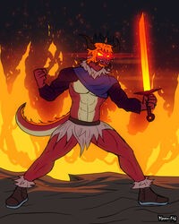  4:5 abs anthro big_muscles boots clothed clothing countershade_torso countershading crown demon dragon fire footwear glowing glowing_eyes glowing_weapon hair headgear hi_res horn kimero_kat king lens_flare lord_dunkelheit male melee_weapon muscular muscular_legs muscular_male mythological_creature mythological_scalie mythology orange_hair pecs pose red_eyes royalty scalie sharp_teeth smile solo spread_legs spreading sword tail teeth weapon wide_stance 