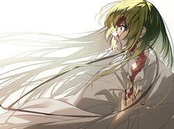  1other androgynous blood blood_on_face clutching_chest commentary_request crying enkidu_(fate) fate/grand_order fate_(series) green_eyes green_hair kingu_(fate) long_hair maka_(mksrw) other_focus profile solo surprised tears wide-eyed 