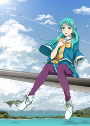  apr aqua_hair boots cloud commentary_request day female floating_island flying forest green_eyes hair_ornament island long_hair looking_at_viewer macross macross_30 mecha mina_forte nature ocean ouroboros_(planet) pantyhose robot scarf science_fiction sitting sky smile solo tree water wide_sleeves yf-30 