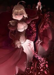  aestus_estus ahoge bad_id bad_pixiv_id blonde_hair breasts cleavage dress epaulettes fate/extra fate_(series) female green_eyes hair_ribbon highres kerogi_haku large_breasts nero_claudius_(fate) nero_claudius_(fate/extra) red_dress ribbon solo sword weapon 