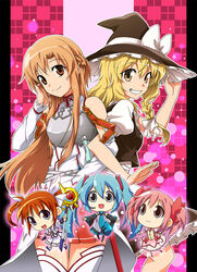  5girls apr aqua_eyes aqua_hair asuna_(sao) blonde_hair blue_eyes blush bow braid brown_eyes brown_hair chibi commentary_request crossover detached_sleeves gloves grin hand_on_headwear hat hatsune_miku headset kaname_madoka kaname_madoka_(magical_girl) kirisame_marisa locked_arms long_hair looking_at_viewer lyrical_nanoha magical_girl mahou_shoujo_lyrical_nanoha mahou_shoujo_madoka_magica mahou_shoujo_madoka_magica_(anime) multiple_girls open_mouth pink_eyes pink_hair short_hair short_twintails skirt smile sword_art_online takamachi_nanoha thighhighs touhou twintails very_long_hair vocaloid witch_hat yellow_eyes 