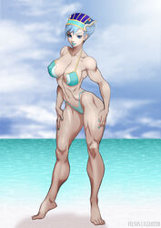  aqua_bikini barefoot bikini blue_eyes blue_hair blue_lips blue_nails blue_rose breasts commentary_request covered_nipples felsus female gimp_(medium) highres karina_lyle large_breasts lipstick makeup nail_polish revision short_hair solo swimsuit thick_thighs thighs tiger_&amp;_bunny tiptoes toned 