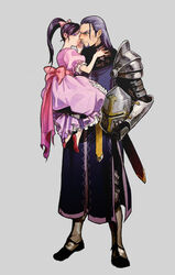  1boy aged_down armor beard blue_eyes blush carrying commentary_request dragon_quest dragon_quest_xi dress facial_hair female greig_(dq11) long_hair martina_(dq11) niwatori ponytail purple_eyes purple_facial_hair purple_hair sweatdrop 