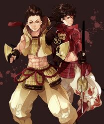  2boys bad_id bad_pixiv_id brown_eyes brown_hair foreshortening headband kerogi_haku midriff multiple_boys polearm red_eyes sanada_clan_(emblem) sanada_yukimura_(sengoku_basara) sengoku_basara spear tokugawa_ieyasu_(sengoku_basara) vest weapon yari 