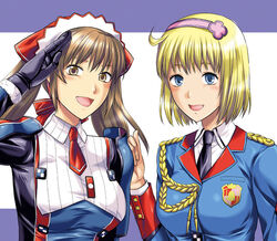  2girls :d ahoge alicia_melchiott blue_eyes brown_eyes commentary_request cosette_coalhearth hairband headdress long_hair military military_uniform multiple_girls necktie open_mouth salute senjou_no_valkyria_(series) senjou_no_valkyria_1 senjou_no_valkyria_2 short_hair smile twintails uniform yuzuki_n_dash 