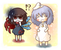  !? 2girls :d ^^^ ^_^ anchor arm_behind_back asymmetrical_wings bad_id bad_pixiv_id barefoot blue_hair blush brown_hair chibi closed_eyes dress gloom_(expression) hand_to_own_mouth hands_on_own_stomach happy houjuu_nue multiple_girls murasa_minamitsu open_mouth pregnant red_eyes shaded_face short_sleeves smile south114 sparkle standing sweatdrop touhou wings 