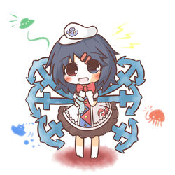  :d anchor bad_id bad_pixiv_id barefoot black_hair blue_eyes blush boat bow bowtie chibi dress female full_body fusion hair_ornament hairclip hands_on_own_chest hat heterochromia houjuu_nue if_they_mated jellyfish lightning_bolt_symbol looking_at_viewer multiple_wings murasa_minamitsu octopus open_mouth puffy_sleeves red_eyes short_hair short_sleeves simple_background smile snake solo south114 standing touhou ufo watercraft white_background wings 