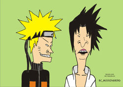  2boys artist_name beavis beavis_and_butt-head black_hair blonde_hair butt-head cosplay facial_mark forehead_protector grin jacket male_focus mike_judge_(style) multiple_boys naruto_(series) naruto_shippuuden ninja open_clothes open_mouth open_shirt parody photoshop_(medium) shirt simple_background smile spiked_hair style_parody teeth uchiha_sasuke uchiha_sasuke_(cosplay) uzumaki_naruto uzumaki_naruto_(cosplay) vector_trace whisker_markings 