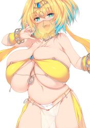  +_+ absurdres bare_shoulders bikini blonde_hair blue_eyes blue_hair blush bombergirl bracelet breasts circlet cleavage collar cosplay detached_sleeves female grim_aloe grim_aloe_(cosplay) highres huge_breasts jewelry looking_at_viewer metal_collar mismatched_bikini mouth_veil multicolored_hair navel pelvic_curtain pine_(bombergirl) short_hair skindentation swimsuit symbol-shaped_pupils thighs tsukasawa_takamatsu two-tone_hair veil white_bikini yellow_bikini yellow_pupils 