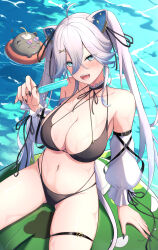  absurdres ahoge animal_ears bikini black_bikini black_nails black_ribbon blush breasts cleavage cocoablue23 criss-cross_halter detached_sleeves female food hair_ribbon halterneck highres holding holding_food holding_popsicle hololive large_breasts lion_ears lion_girl lion_tail long_hair looking_at_viewer nail_polish open_mouth popsicle ribbon shishiro_botan shishiro_botan_(5th_costume) smile ssrb_(shishiro_botan) swimsuit tail thigh_strap twintails virtual_youtuber water white_sleeves 