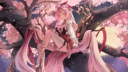  bare_legs bell braid breasts cherry_blossoms cleavage crystal_flower dress elf elysia_(herrscher_of_human:_ego)_(honkai_impact) elysia_(honkai_impact) elysia_(peachy_spring)_(honkai_impact) female flower full_body full_moon hair_bell hair_between_eyes hair_flower hair_ornament high_heels highres holding_crystal honkai_(series) honkai_impact_3rd large_breasts long_hair looking_at_viewer mofumanju moon night night_sky pink_hair pointy_ears puffy_nipples purple_eyes red_dress single_braid sitting_on_branch sky smile thigh_strap thighs very_long_hair white_footwear 