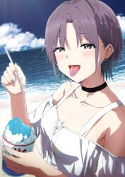  absurdres asakura_toru bare_shoulders beach black_choker blush breasts choker cleavage collarbone colored_tongue commentary_request cup earrings female food highres holding holding_cup idolmaster idolmaster_shiny_colors jewelry looking_at_viewer medium_breasts misaki_nonaka off-shoulder_shirt off_shoulder outdoors purple_hair shaved_ice shirt short_hair smile solo tongue tongue_out twitter_username upper_body white_shirt 