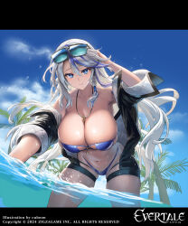  artist_name bare_shoulders bikini blue_eyes blue_hair blue_sky braid breasts cleavage closed_mouth cloud cloudy_sky collarbone commentary_request copyright_name cuboon day evertale eyewear_on_head female highres jacket jewelry king_arthur_(evertale) large_breasts leaning_forward logo long_hair multicolored_hair navel necklace off_shoulder official_art open_clothes open_jacket outdoors palm_tree partially_submerged shiny_skin sky sleeves_rolled_up solo stomach sunglasses swimsuit tree water white_hair 