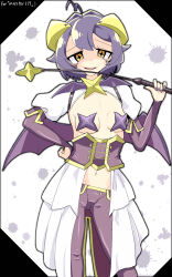  breastless_clothes breasts corset cross cross_facial_mark cross_pasties demon_wings facial_mark female forward_facing_horns hasiotaichou highres hiiragi_utena holding holding_riding_crop horns magia_baiser mahou_shoujo_ni_akogarete navel pants pasties purple_corset purple_hair purple_pants purple_pasties purple_wings riding_crop showgirl_skirt small_breasts solo white_shrug wings yellow_eyes yellow_horns 