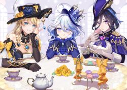  3girls :d :o :q absurdres ahoge ascot asymmetrical_gloves bare_shoulders black_bow black_gloves black_hair black_hat black_sleeves blonde_hair blue_ascot blue_bow blue_eyes blue_flower blue_gemstone blue_hair blue_hat blue_jacket blue_nails blush bow breasts clorinde_(genshin_impact) commentary_request cup detached_sleeves drill_hair drop-shaped_pupils earrings fingernails flower food furina_(genshin_impact) gem genshin_impact gloves hair_between_eyes hand_up hat hat_bow hat_feather hat_flower head_rest heterochromia highres holding holding_food indoors jacket jewelry kodona large_breasts light_blue_hair lolita_fashion long_hair long_sleeves looking_at_viewer macaron medium_breasts mismatched_gloves multicolored_hair multiple_girls nail_polish navia_(genshin_impact) purple_eyes saucer single_glove smile streaked_hair symbol-shaped_pupils table tateko25wiz tea teacup teapot teeth tiered_tray tongue tongue_out top_hat tricorne vision_(genshin_impact) white_gloves white_hair yellow_bow yellow_flower 