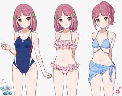  alternate_hairstyle arms_behind_back bikini bikini_skirt blue_bikini blueberry_academy_(emblem) blush bob_cut breasts brown_eyes collarbone competition_swimsuit cowboy_shot female frilled_bikini frills hair_ornament highres lacey_(pokemon) looking_at_viewer medium_hair navel one-piece_swimsuit patterned_clothing pink_bikini pink_hair pokemon pokemon_(creature) pokemon_sv primarina short_ponytail side-tie_bikini_bottom simple_background small_breasts smile solo star_(symbol) star_hair_ornament stomach swimsuit white_background yosame0a 