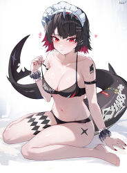  absurdres alternate_costume arm_strap bare_shoulders barefoot black_bra black_hair blush bra bracelet breasts cleavage closed_mouth collarbone colored_inner_hair duplicate ellen_joe female fingernails fins fish_tail frilled_bracelet hair_ornament hand_on_floor heart highres jewelry kkato large_breasts looking_at_viewer maid_headdress multicolored_hair nail_polish navel pixel-perfect_duplicate red_eyes red_hair red_nails shark_tail short_hair simple_background sitting solo stomach strap_pull swimsuit tail tattoo thick_eyelashes thighs underwear wariza white_background zenless_zone_zero 