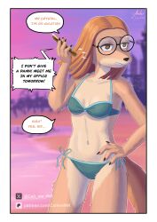  absurd_res anthro bikini brown_body brown_fur brown_hair call_me_ink canid canine clothing english_text eyewear female fur glasses hair hi_res illumination_entertainment mammal sing_(movie) solo speech_bubble suki_lane swimwear teal_clothing text two-piece_swimsuit 