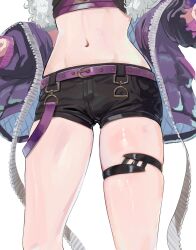  absurdres belt black_shorts bustier dalcom dated_commentary female fur-trimmed_jacket fur_trim highres jacket lower_body midriff navel nijisanji nijisanji_kr open_clothes open_jacket purple_belt purple_bustier purple_jacket short_shorts shorts simple_background solo stomach thigh_strap thighs virtual_youtuber white_background yang_nari yang_nari_(2nd_costume) 