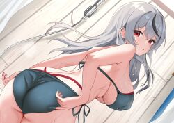  ass back bare_arms bikini black_bikini black_hair blush breasts commentary_request covered_nipples crossed_bangs dutch_angle ear_piercing female grey_hair hair_between_eyes highres hitachi_sou hololive large_breasts layered_bikini long_hair looking_at_viewer multicolored_hair open_mouth piercing red_bikini red_eyes sakamata_chloe shower_(place) side-tie_bikini_bottom sideboob sidelocks solo standing streaked_hair swimsuit two-tone_hair underboob wooden_wall 