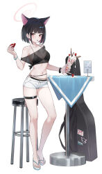  alternate_costume animal_ears bikini bikini_under_clothes black_bikini black_hair blue_archive breasts caba_(caba091) cat_ears cat_girl cleavage commentary cream cup drinking_glass extra_ears female food fruit guitar_case halo highres holding holding_cup holding_food holding_fruit instrument_case kazusa_(blue_archive) looking_at_viewer medium_breasts midriff navel pink_eyes pink_hair pink_halo sandals see-through see-through_cleavage short_hair shorts simple_background single_bare_shoulder single_off_shoulder solo standing strawberry strawberry_parfait swimsuit table thigh_strap thighs white_background white_footwear white_shorts 