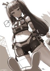  bangboo_(zenless_zone_zero) bare_shoulders belt blunt_bangs braid breasts crop_top elbow_gloves female gloves greyscale highres long_hair midriff monochrome navel nosuku qingyi_(zenless_zone_zero) short_shorts shorts sidelocks sleeveless small_breasts solo_focus thighs twin_braids twintails zenless_zone_zero 